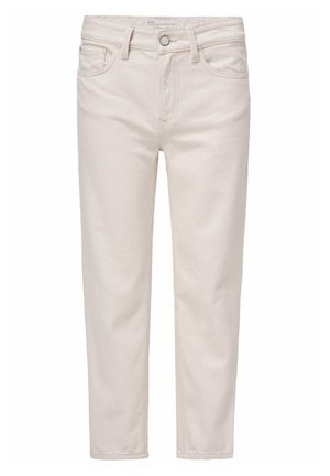 Vaqueros de denim beige con corte recto, cinco bolsillos, pasadores para cinturón y cierre frontal con botón. Textura suave y un diseño con detalles mínimos.