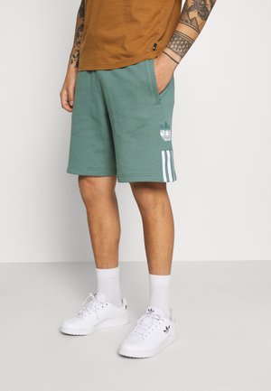 Mand iført grønne Adidas shorts med logo og hvide striber, hvide sokker, hvide Adidas sneakers og brun kortærmet skjorte, stående med hånden i lommen.