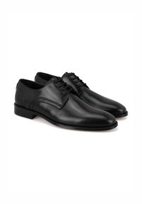 Schwarze Lederschuhe mit glatter Oberfläche, spitzer Zehenform und Schnürdesign. Merkmale sind minimale Nähte und ein flacher Absatz.
