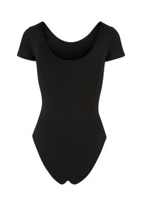 Černý body s krátkým rukávem, kulatým výstřihem a přiléhavým střihem. Vyrobeno z měkké jersey tkaniny s hladkou texturou a minimalistickým stylem.