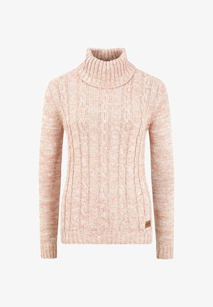 Pull en col roulé tricoté en doux pêche avec un motif en relief de câble, des manches longues et une étiquette de marque tissée sur l'ourlet.