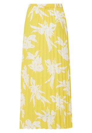 Jupe midi plissée jaune avec imprimé floral blanc et taille élastique.