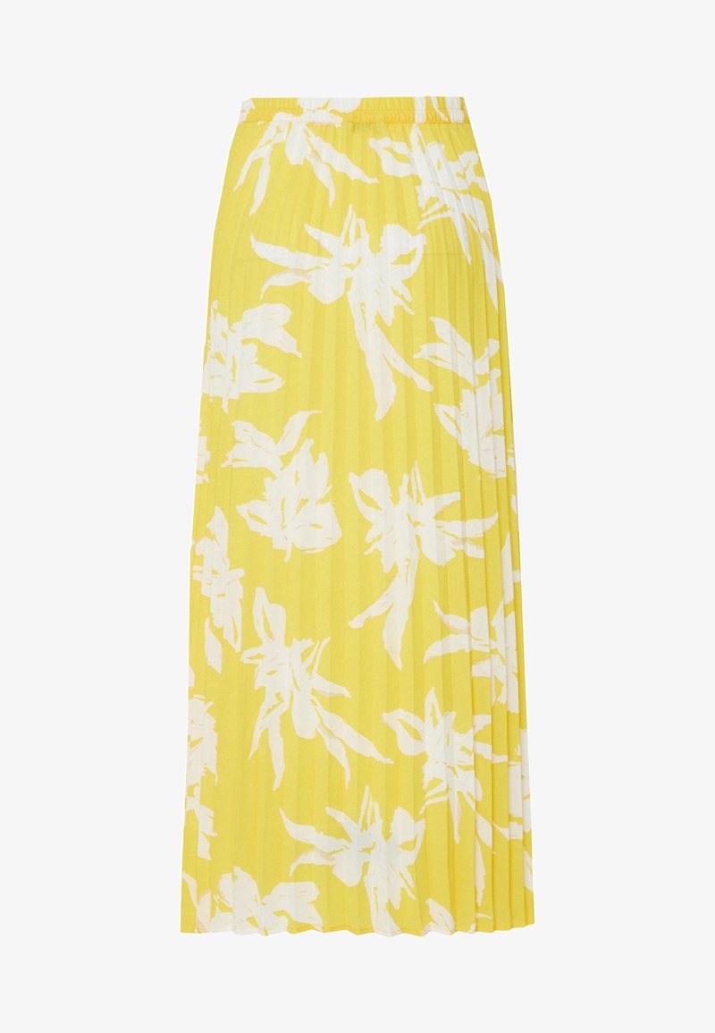 Jupe midi plissée jaune avec imprimé floral blanc et taille élastique.