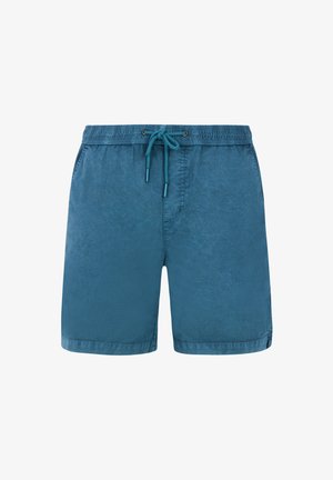 Blaue Schwimmshorts aus einem glatten, leichten Stoff. Mit einem elastischen Bund und einem Kordelzug sowie seitlichen Taschen.