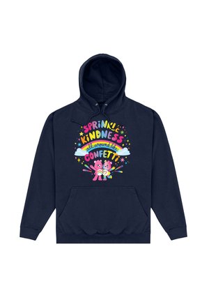 Felpa blu navy con tasca frontale; presenta un testo grafico colorato e illustrazioni di due orsi rosa, circondati da stelle vivaci e dettagli in confetti.