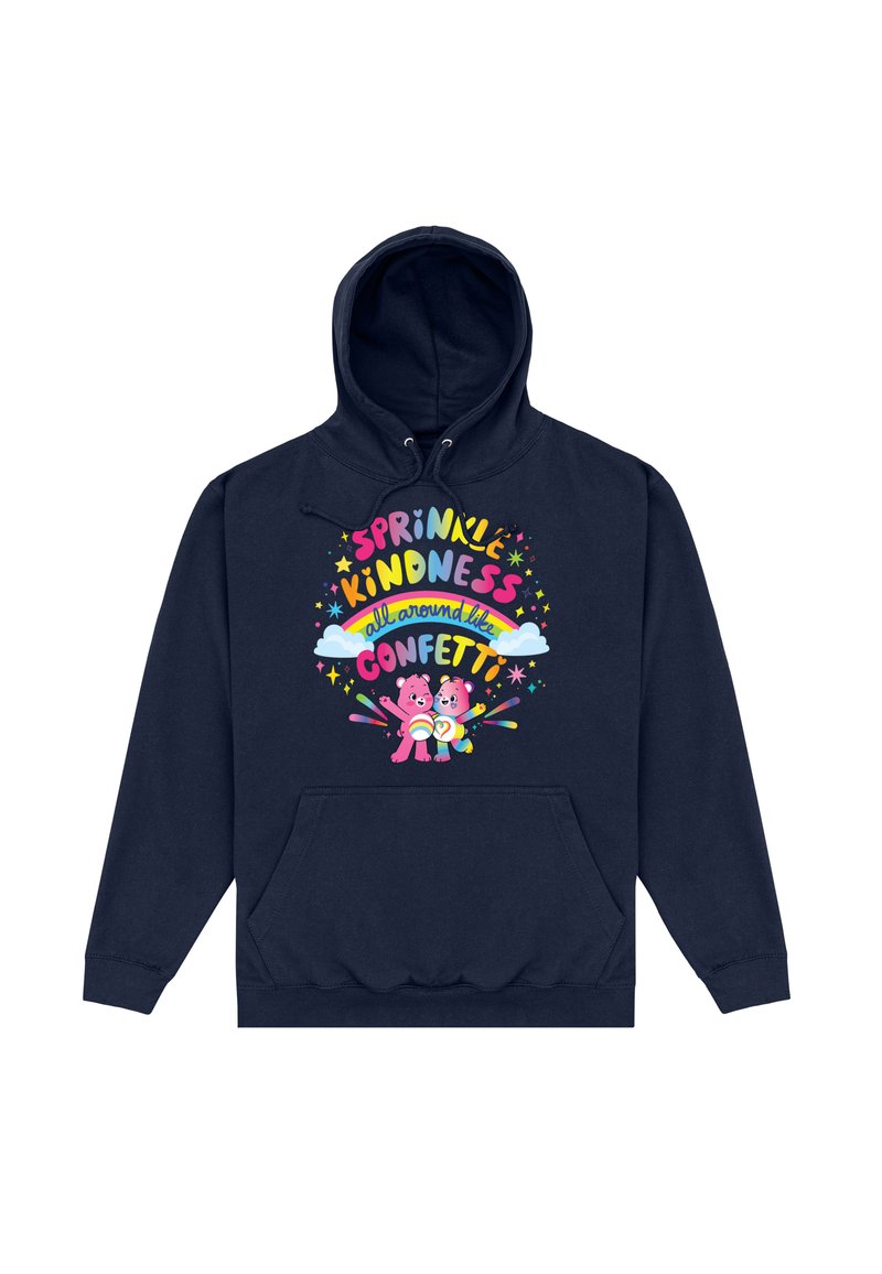Felpa blu navy con tasca frontale; presenta un testo grafico colorato e illustrazioni di due orsi rosa, circondati da stelle vivaci e dettagli in confetti.