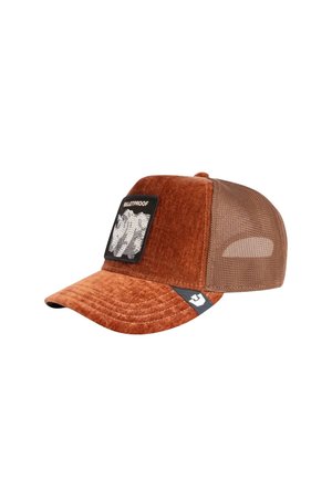 Casquette trucker en velours couleur rouille et mesh marron avec un patch rectangulaire montrant un rhinocéros blanc et le mot « BULLETPROOF ».