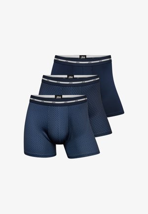 Mørkeblå boxer briefs med et tekstureret diamantmønster på et par og ensfarvet stof på de andre, med kontrasterende grå elastisk talje.