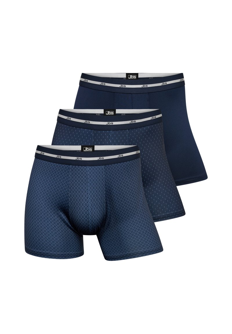 Navy blue boxer briefs, featuring a textured diamond pattern on one pair and solid fabric on the others, with contrasting gray elastic waistband.