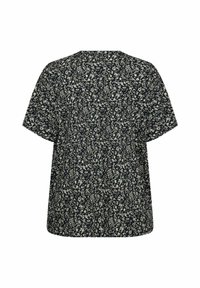 Kvetinový top v námorníckej modrej farbe, s krátkymi rukávmi, voľným strihom a okrúhlym výstrihom. Materiál vyzerá ľahký s jemnými kvetmi.