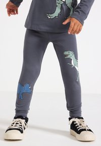 Bambino che indossa leggings grigi scuri e una maglia a maniche lunghe abbinata con stampe di dinosauri blu e verdi, e sneakers nere con suole e lacci bianchi.