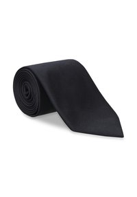 Svart sidenkrage, texturerad tyg med ett subtilt diagonalt randmönster, avsmalnande ände och rullad design som visar upp en slät finish.