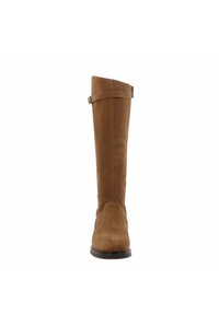 Braune Wildleder-Stiefel über dem Knie mit runder Zehenpartie, flacher Sohle, seitlichem Reißverschluss und einem kleinen Riemen-Detail nahe der Oberkante.