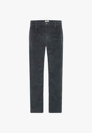 Sive hlače od kordura s mekanom teksturom, ravnog kroja, i prednjim kopčanjem; sadrže dva prednja džepa i petlje za remen.