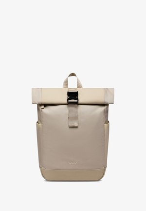 Beige backpack made of durable material, featuring a roll-top closure with a black buckle, side pockets, and a solid, textured body.