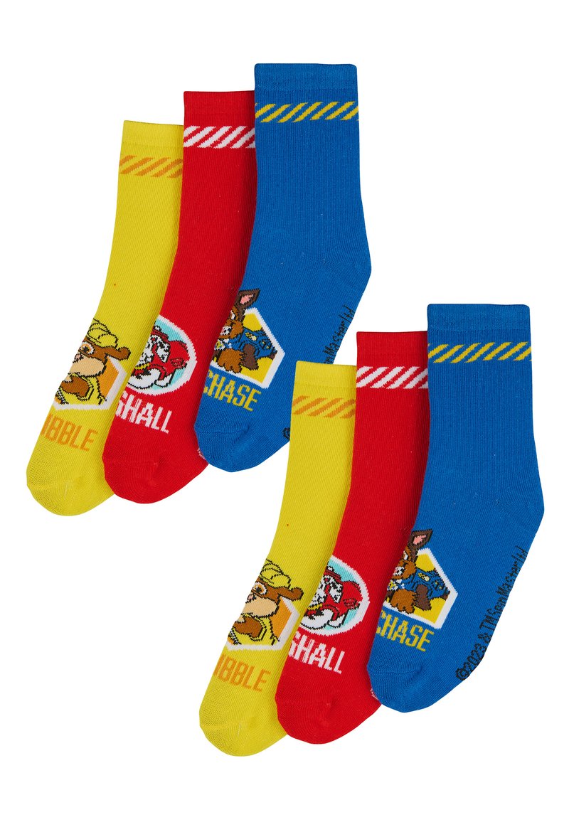 Set di tre paia di calzini per bambini: gialli con un cane dei cartoni animati, rossi con impronta di zampa e blu con strisce gialle e design distintivo. Materiale in cotone.