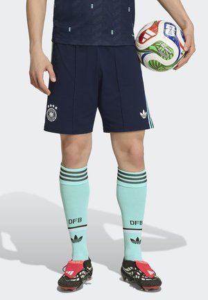 Osoba w ciemnoniebieskich szortach piłkarskich i jasnoniebieskich skarpetach z napisem "DFB", trzyma kolorową piłkę nożną w prawej ręce.