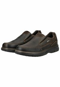 Braune Leder-Slipper mit kontrastierenden Nähten, einem strukturierten Panel und einer Gummisohle mit Griffmustern.