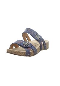 Blue floral-patterned sandals with two adjustable straps, decorative silver flower accents, and a textured cork sole.