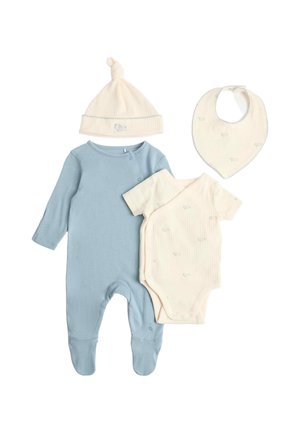 Body bleu pour bébé à manches longues avec pieds, body cache-cœur crème à manches courtes et bonnet à nœud crème assorti ainsi qu'un bavoir bandana avec des motifs subtils d'animaux.