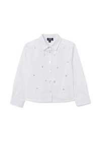 Camicia bianca in cotone a maniche lunghe con colletto bottone, caratterizzata da eleganti motivi a occhiello e piccoli bottoni lungo la parte anteriore.