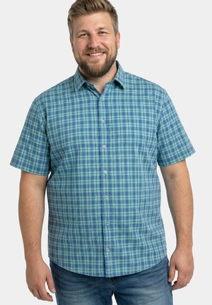 Glunderende man met baard die een blauwgroene geruite korte mouwen blouse en blauwe spijkerbroek draagt tegen een effen witte achtergrond.