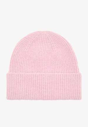 Pink knitted beanie hat with a ribbed texture and folded cuff, made from soft fabric, featuring a rounded top shape and even color.