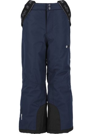 Pantaloni da neve blu navy con spalline nere regolabili, due bottoni frontali, toppe nere rinforzate sulle gambe inferiori e una finitura liscia e strutturata.