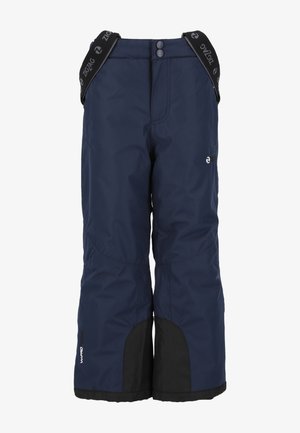 Marineblå snebukser med justerbare sorte stropper, to forreste knapper, forstærkede sorte lapper på underbenene og en glat, struktureret overflade.