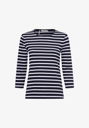 Gestreiftes Langarm-T-Shirt in Marineblau und Weiß mit rundem Halsausschnitt und weicher Textur. Horizontale Streifen, lockere Passform und keine sichtbaren Verschlüsse.