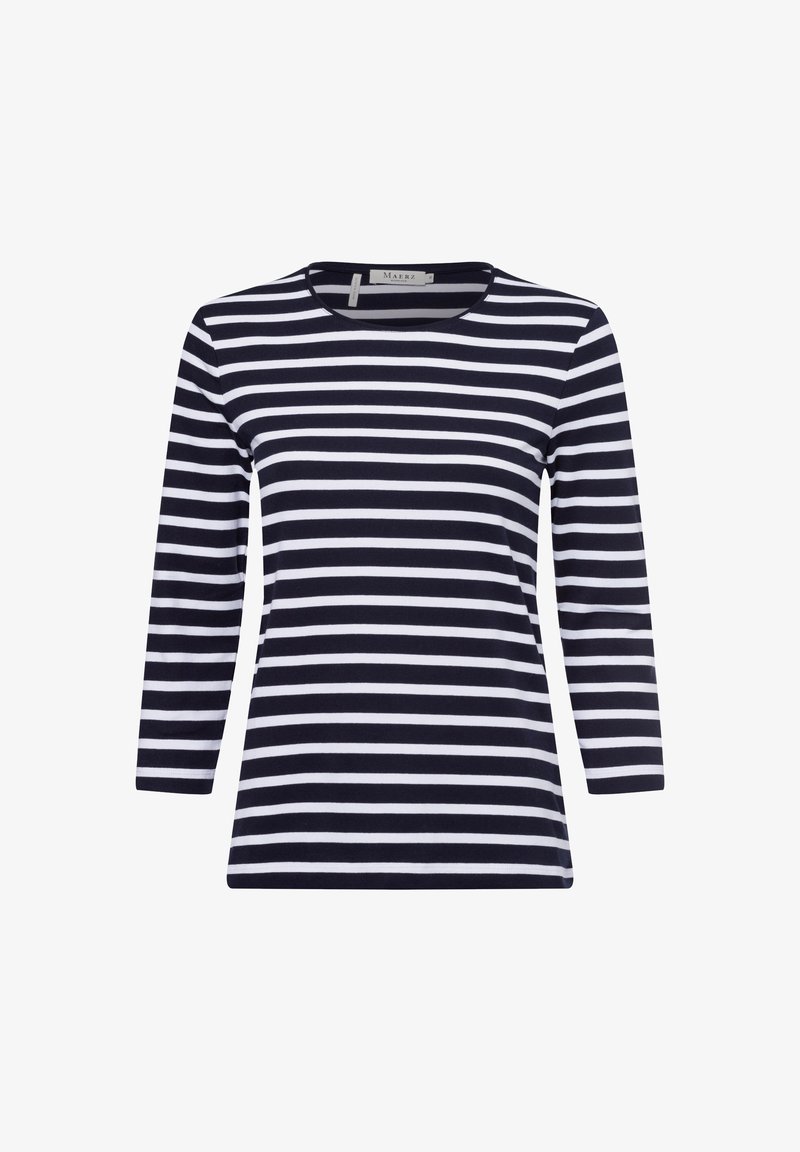 Gestreiftes Langarm-T-Shirt in Marineblau und Weiß mit rundem Halsausschnitt und weicher Textur. Horizontale Streifen, lockere Passform und keine sichtbaren Verschlüsse.