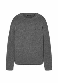 Grauer Strickpullover mit Rundhalsausschnitt, mit strukturierter Oberfläche und dezentem Marken-Stickerei auf der linken Seite. Weicher Stoff, lockere Passform.