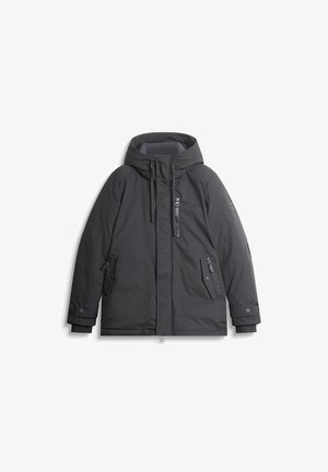 Black insulated jacket with a hood, featuring a front zipper, multiple pockets, and textured fabric accents.