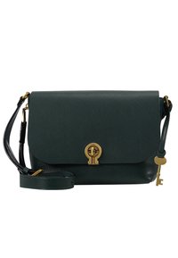 Borsa a tracolla in pelle verde scuro con chiusura a patta, hardware color oro e un accento chiave staccabile attaccato alla tracolla.