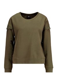 Sudadera verde oliva con cuello redondo, mangas largas y detalles de encaje en los hombros. Material suave con un ajuste relajado.