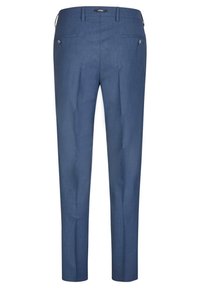 Broek in marineblauwe stof, slim fit met twee achterzakken, een gladde textuur en dubbele plooien voor een verzorgde uitstraling.