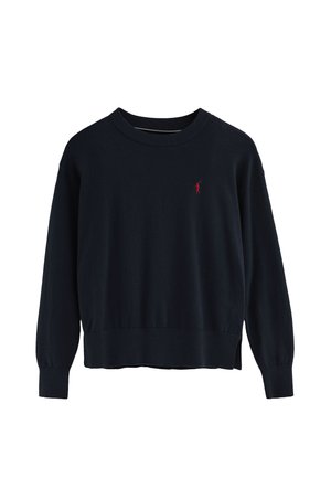 Navy blue knit sweater with long sleeves, round neckline, and ribbed cuffs. Features a small red logo on the left chest area.