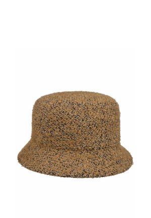 Brown textured bucket hat with a wide, downward-sloping brim and woven tweed-like material on a plain white background.