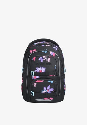 Zwarte rugzak met paarse en roze bloemmotieven, meerdere met rits afgesloten compartimenten, lichtblauwe gespbanden en gevoerde bovenste handgreep.