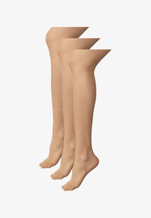Drei Paare beige transparente Beine mit Strumpfhosen, von den Zehen bis zur Mitte des Oberschenkels gezeigt, stehen auf Zehenspitzen vor weißem Hintergrund.