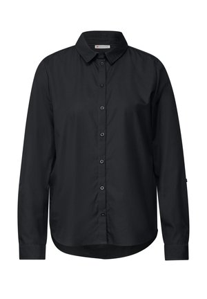 Camicia nera a maniche lunghe con bottoni, colletto a punta, orlo dritto e una trama sottile. Presenta bottoni lungo la parte frontale e ai polsini.
