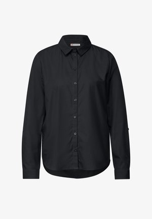 Camisa negra de manga larga abotonada con collar puntiagudo, dobladillo recto y textura sutil. Presenta botones en el frente y en los puños.