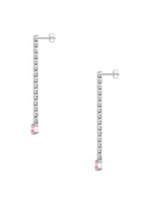 Srebrni uhani z dolgim, linearno zasnovanim oblikom, ki vključuje prozoren kubični cirkon in roza naguban kamen na dnu. Teksturirani pravokotni povezovalni elementi.