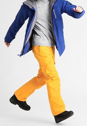 Blå isolerad jacka med grå foder, grå t-shirt, ljusorange byxor och svarta stövlar. Jackan har en framficka och huva.