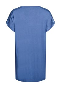 Top blu corto a maniche corte con scollatura rotonda e dettagli in pizzo sulle spalle. Tessuto morbido e vestibilità rilassata.