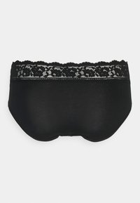 Zwarte hipsteronderbroek met kanten rand en bloemenpatronen, gladde textuur en elastische tailleband. Achteraanzicht toont volledige bedekking.
