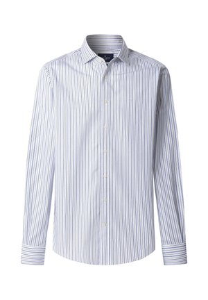 Camisa de vestir de manga larga para hombre con rayas verticales en azul claro y blanco, cierre frontal con botones y cuello clásico.