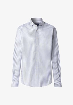 Camisa de vestir de manga larga para hombre con rayas verticales en azul claro y blanco, cierre frontal con botones y cuello clásico.