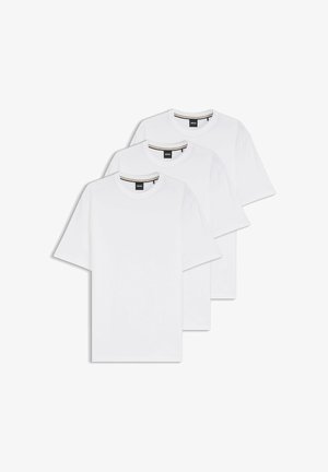 Three plain white short-sleeve crew neck T-shirts, neatly stacked with visible BOSS brand tags inside collars.