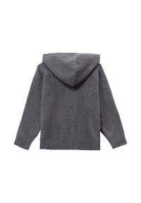Sudadera con capucha gris de textura suave, con un corte relajado y puños de canalé. Diseño sin costuras sin accesorios visibles.
